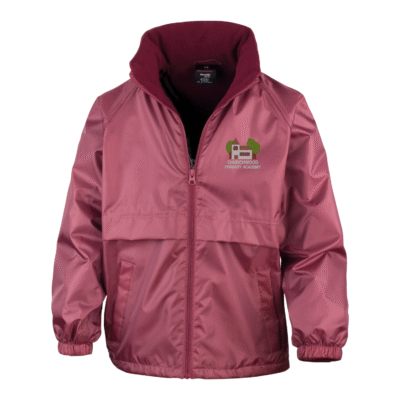 Frontal view of the Churchwood Primary Academy burgundy waterproof jacket with the school's logo embroidered on the left breast.