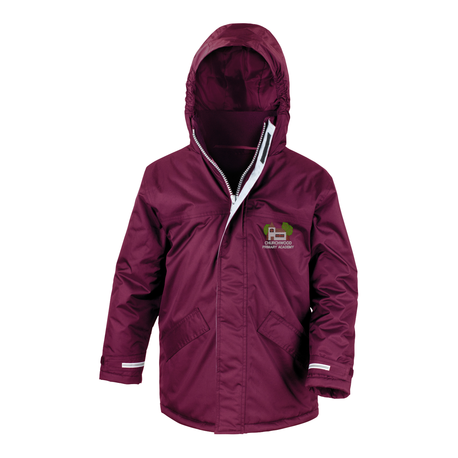 Frontal view of the Churchwood Primary Academy burgundy winter coat with the school's logo embroidered on the left breast.