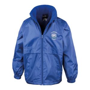 Frontal view of the Claremont Primary School royal blue waterproof jacket with the school's logo embroidered on the left breast.