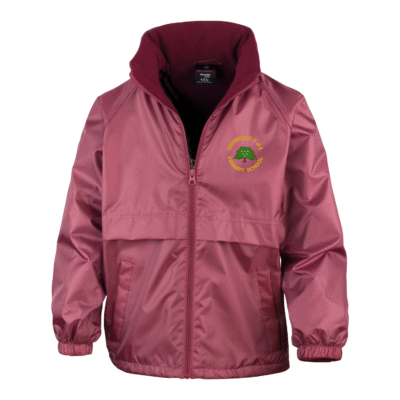 Frontal view of the Crowhurst Primary School burgundy waterproof jacket with the school's logo embroidered on the left breast.