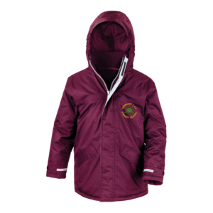 Frontal view of the Crowhurst Primary School burgundy winter coat with the school's logo embroidered on the left breast.