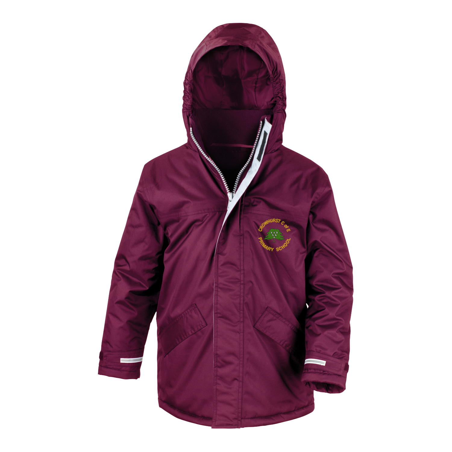 Frontal view of the Crowhurst Primary School burgundy winter coat with the school's logo embroidered on the left breast.