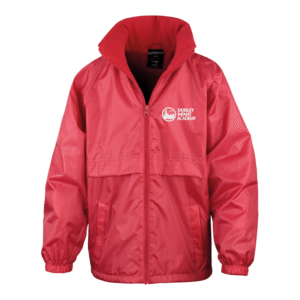 Frontal view of the Dudley Infant Academy red waterproof jacket with the school's logo embroidered on the left breast.