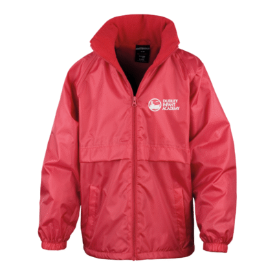 Frontal view of the Dudley Infant Academy red waterproof jacket with the school's logo embroidered on the left breast.