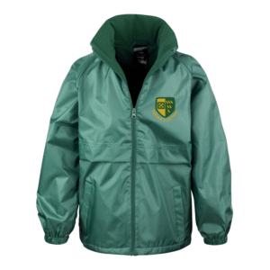 Frontal view of the Etchingham Primary School bottle green waterproof jacket with the school's logo embroidered on the left breast.