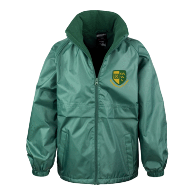 Frontal view of the Etchingham Primary School bottle green waterproof jacket with the school's logo embroidered on the left breast.