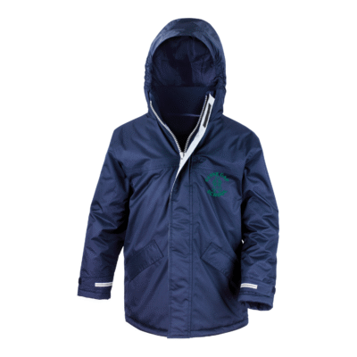 Frontal view of the Glyne Gap School navy winter coat with the school's logo embroidered on the left breast.