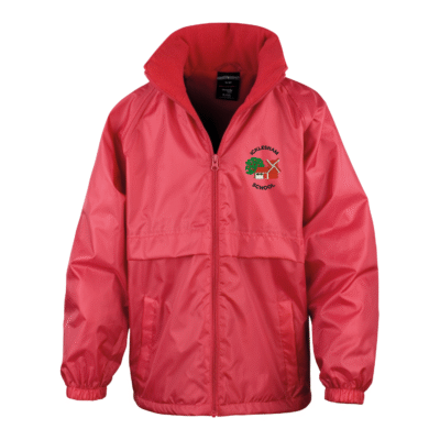 Frontal view of the Icklesham Primary School red waterproof jacket with the school's logo embroidered on the left breast.