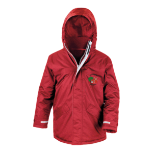 Frontal view of the Icklesham Primary School red winter coat with the school's logo embroidered on the left breast.