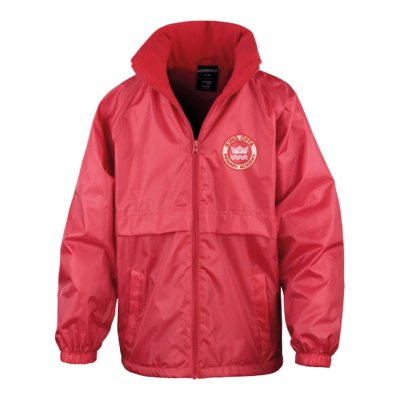 Frontal view of the King Offa Primary Academy red waterproof jacket with the school's logo embroidered on the left breast.