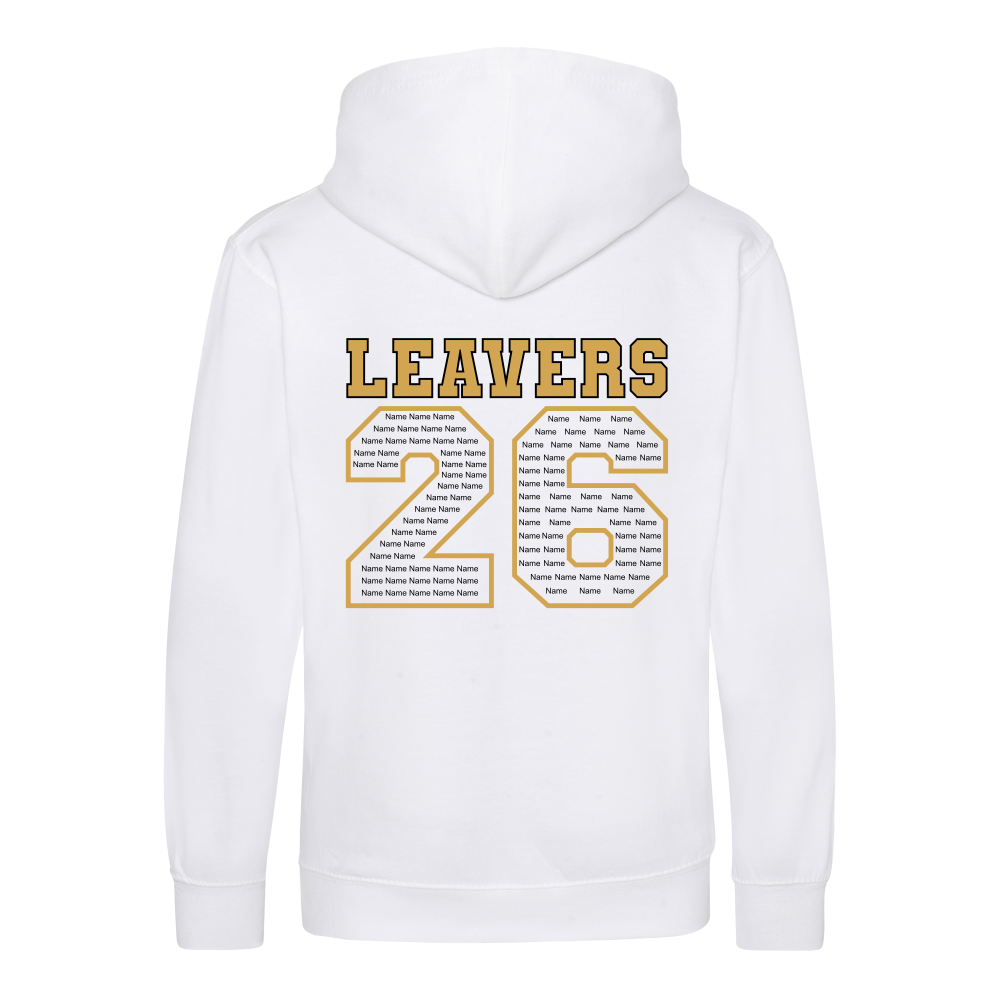 Rear view of the arctic white colour 2026 leavers' hoodie for Little Common School. The "LEAVERS 26" design can be seen accross the back.