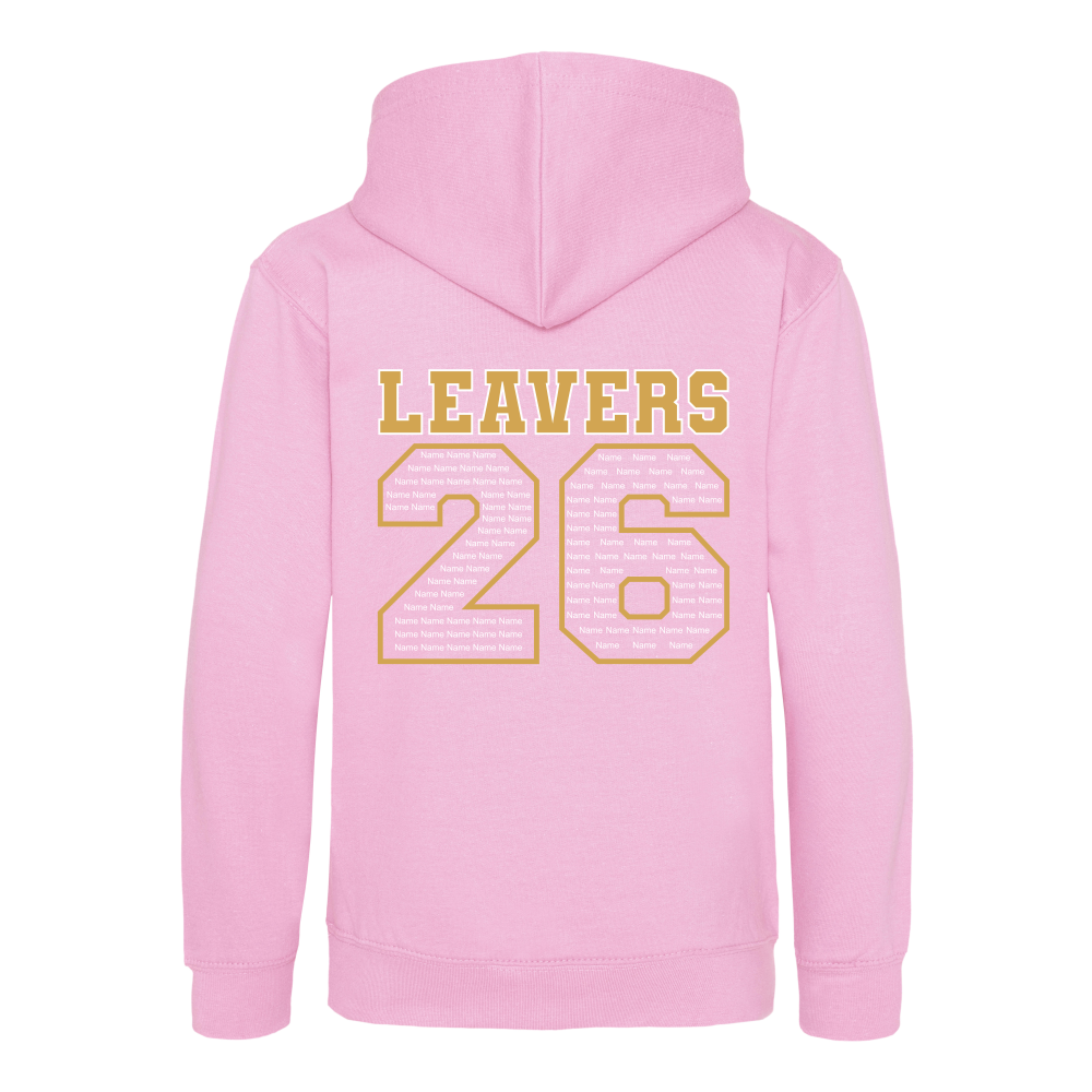 Rear view of the baby pink colour 2026 leavers' hoodie for Little Common School. The "LEAVERS 26" design can be seen accross the back.
