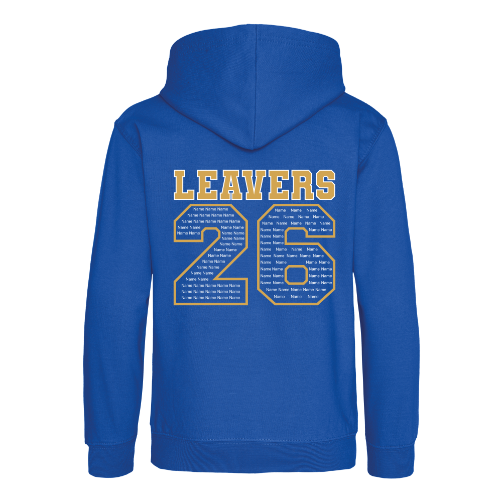 Rear view of the bright royal blue colour 2026 leavers' hoodie for Little Common School. The "LEAVERS 26" design can be seen accross the back.