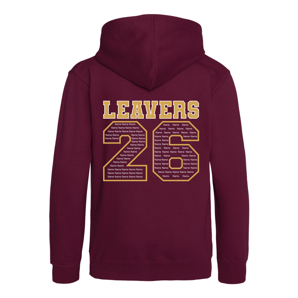 Rear view of the burgundy colour 2026 leavers' hoodie for Little Common School. The "LEAVERS 26" design can be seen accross the back.