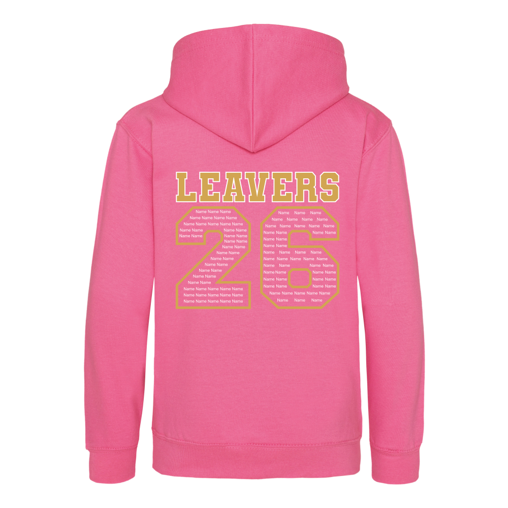 Rear view of the candyfloss pink colour 2026 leavers' hoodie for Little Common School. The "LEAVERS 26" design can be seen accross the back.