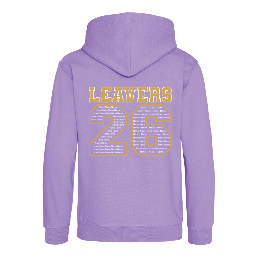 Rear view of the digital lavender colour 2026 leavers' hoodie for Little Common School. The "LEAVERS 26" design can be seen accross the back.