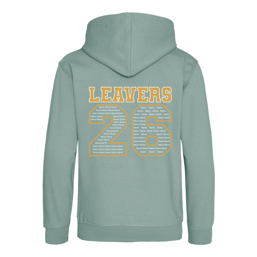 Rear view of the dusty green colour 2026 leavers' hoodie for Little Common School. The "LEAVERS 26" design can be seen accross the back.