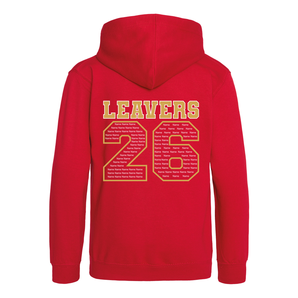 Rear view of the fire red colour 2026 leavers' hoodie for Little Common School. The "LEAVERS 26" design can be seen accross the back.