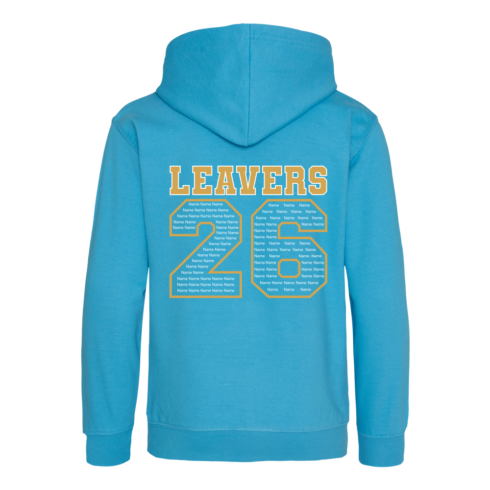 Rear view of the Hawaiian blue colour 2026 leavers' hoodie for Little Common School. The "LEAVERS 26" design can be seen accross the back.