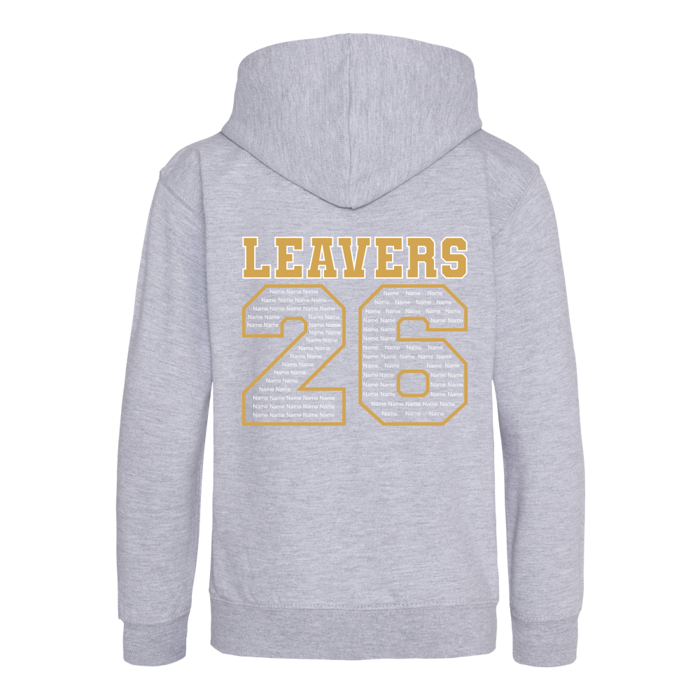 Rear view of the heather grey colour 2026 leavers' hoodie for Little Common School. The "LEAVERS 26" design can be seen accross the back.