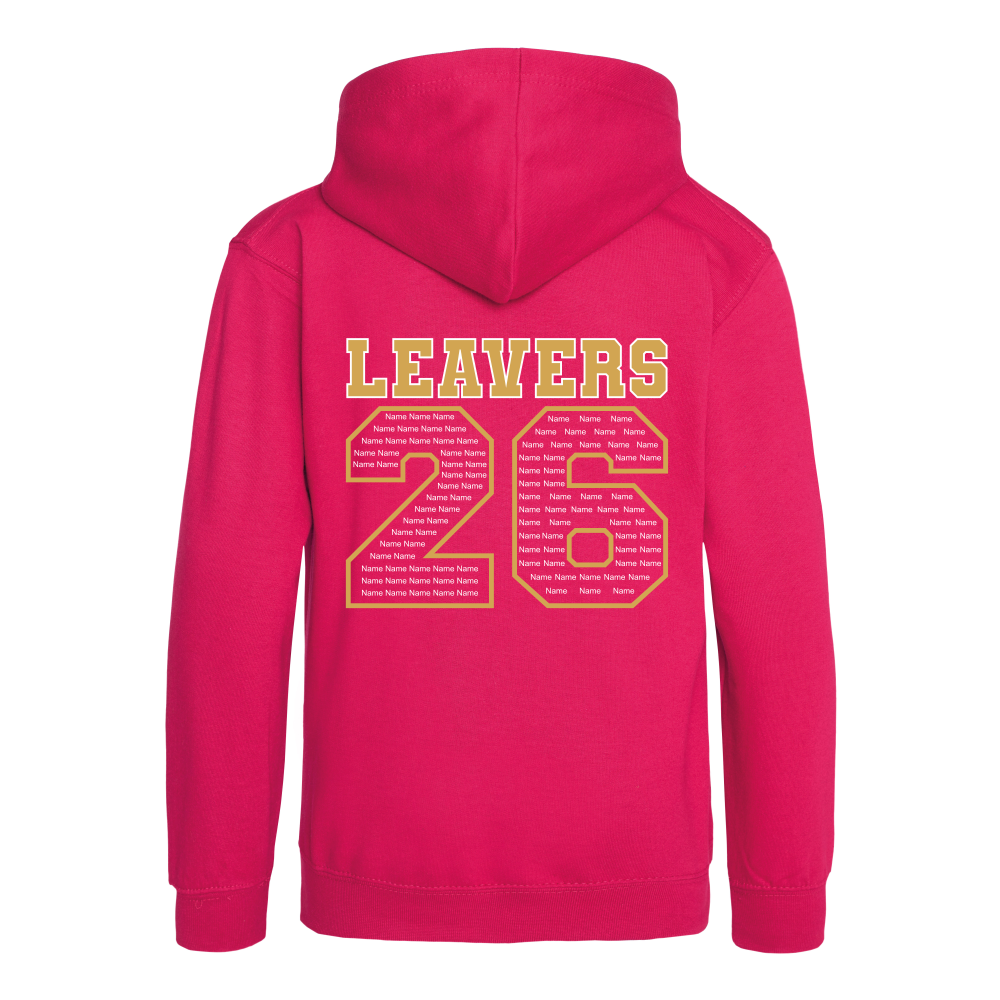 Rear view of the hot pink colour 2026 leavers' hoodie for Little Common School. The "LEAVERS 26" design can be seen accross the back.