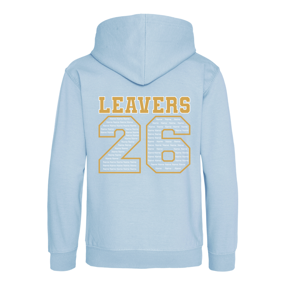 Rear view of the ice blue colour 2026 leavers' hoodie for Little Common School. The "LEAVERS 26" design can be seen accross the back.