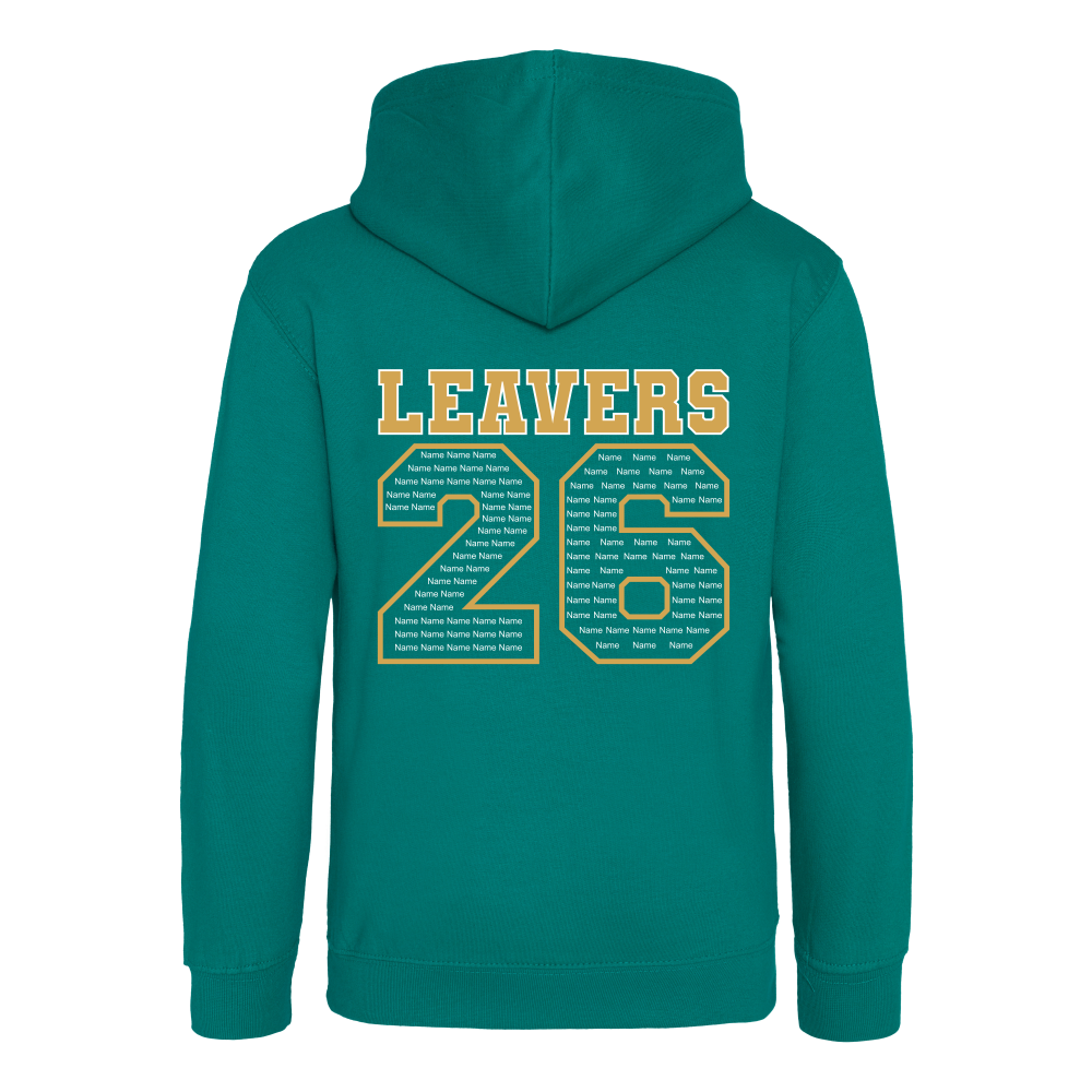 Rear view of the jade colour 2026 leavers' hoodie for Little Common School. The "LEAVERS 26" design can be seen accross the back.