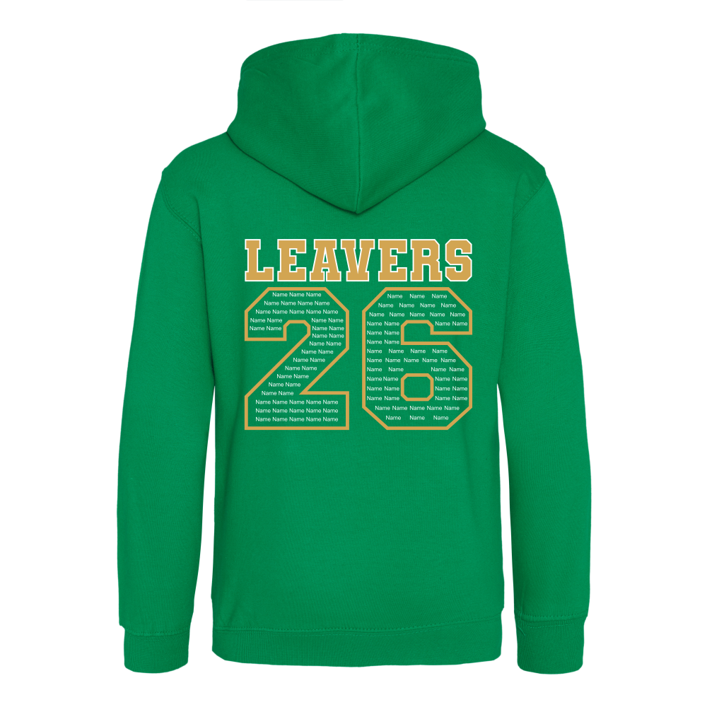 Rear view of the kelly green colour 2026 leavers' hoodie for Little Common School. The "LEAVERS 26" design can be seen accross the back.