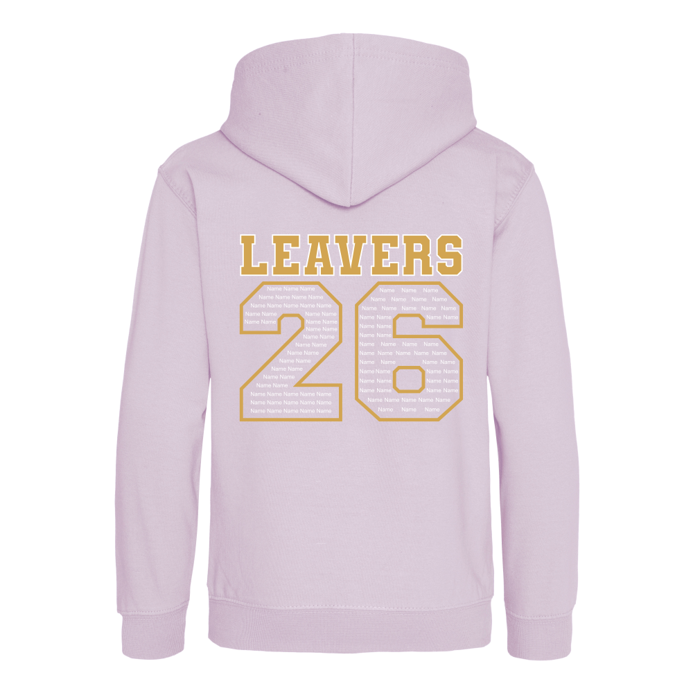 Rear view of the lilac colour 2026 leavers' hoodie for Little Common School. The "LEAVERS 26" design can be seen accross the back.