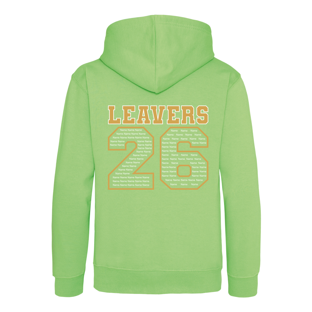 Rear view of the lime green colour 2026 leavers' hoodie for Little Common School. The "LEAVERS 26" design can be seen accross the back.