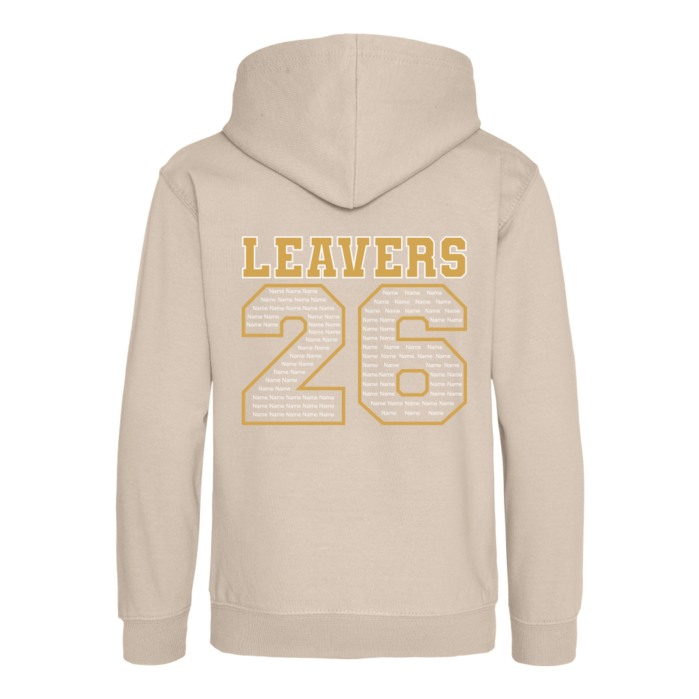 Rear view of the natural stone beige colour 2026 leavers' hoodie for Little Common School. The "LEAVERS 26" design can be seen accross the back.