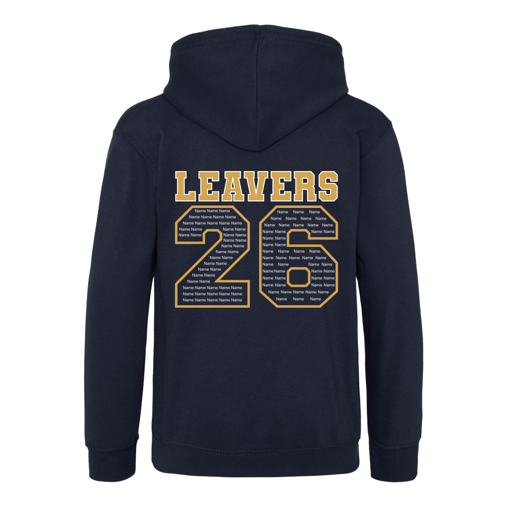 Rear view of the new French navy colour 2026 leavers' hoodie for Little Common School. The "LEAVERS 26" design can be seen accross the back.