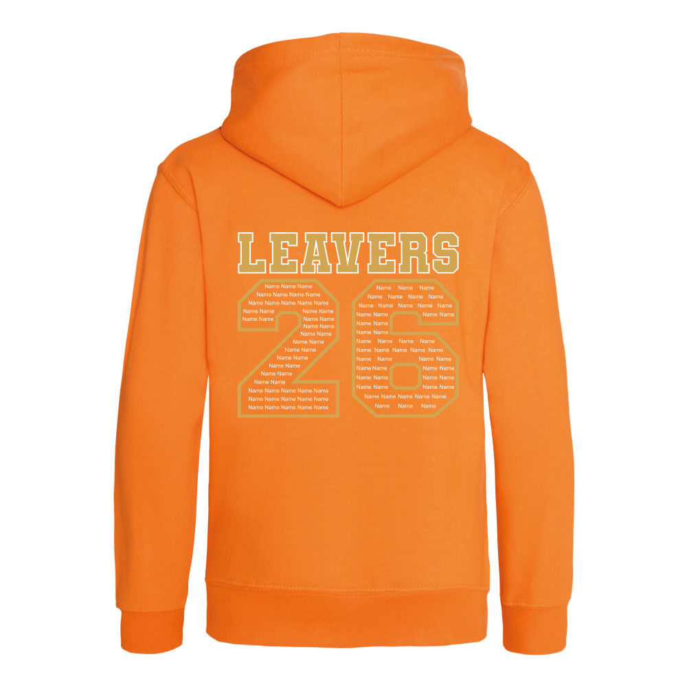 Rear view of the orange crush colour 2026 leavers' hoodie for Little Common School. The "LEAVERS 26" design can be seen accross the back.