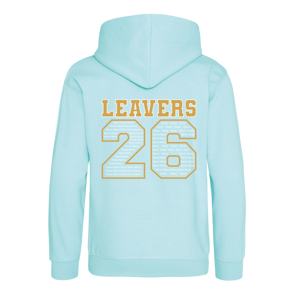 Rear view of the peppermint blue colour 2026 leavers' hoodie for Little Common School. The "LEAVERS 26" design can be seen accross the back.