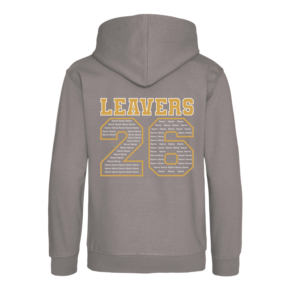 Rear view of the platinum grey colour 2026 leavers' hoodie for Little Common School. The "LEAVERS 26" design can be seen accross the back.