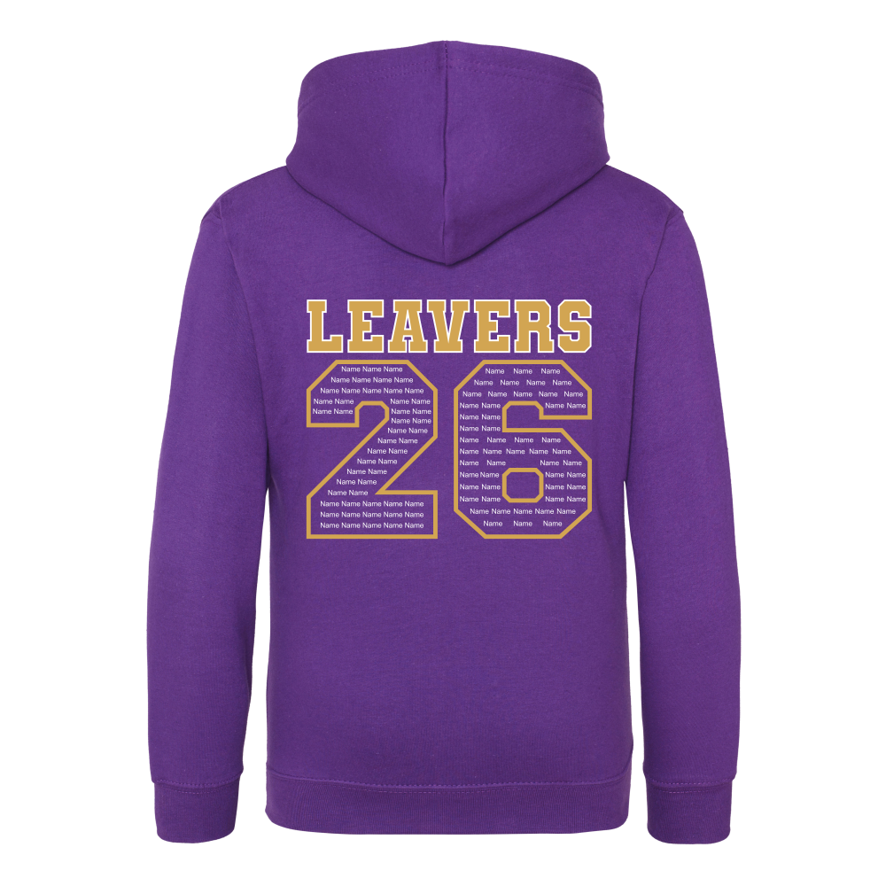 Rear view of the purple colour 2026 leavers' hoodie for Little Common School. The "LEAVERS 26" design can be seen accross the back.