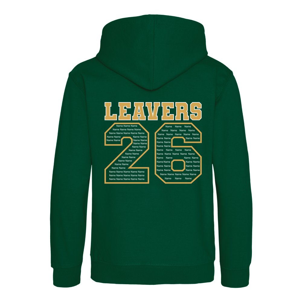 Rear view of the rainforest green colour 2026 leavers' hoodie for Little Common School. The "LEAVERS 26" design can be seen accross the back.