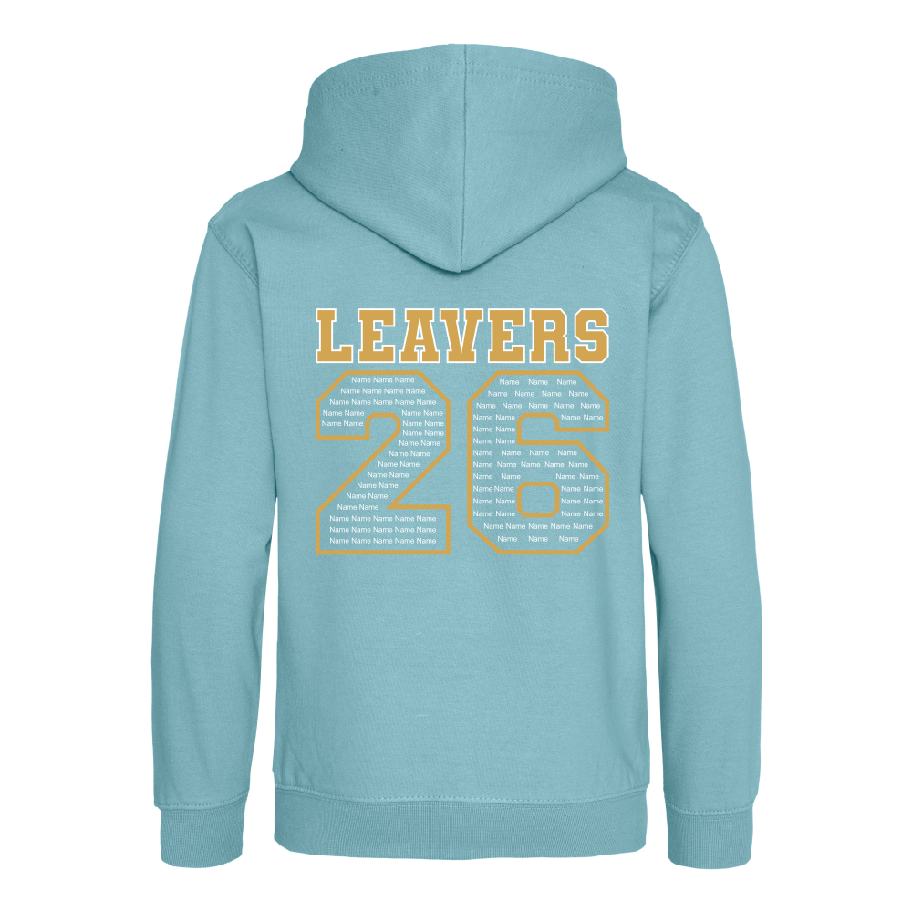 Rear view of the seafoam dusty teal colour 2026 leavers' hoodie for Little Common School. The "LEAVERS 26" design can be seen accross the back.