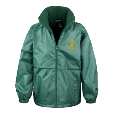 Frontal view of the Little Common School bottle green waterproof jacket with the school's logo embroidered on the left breast.