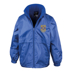 Frontal view of the Netherfield Primary School royal blue winter coat with the school's logo embroidered on the left breast.