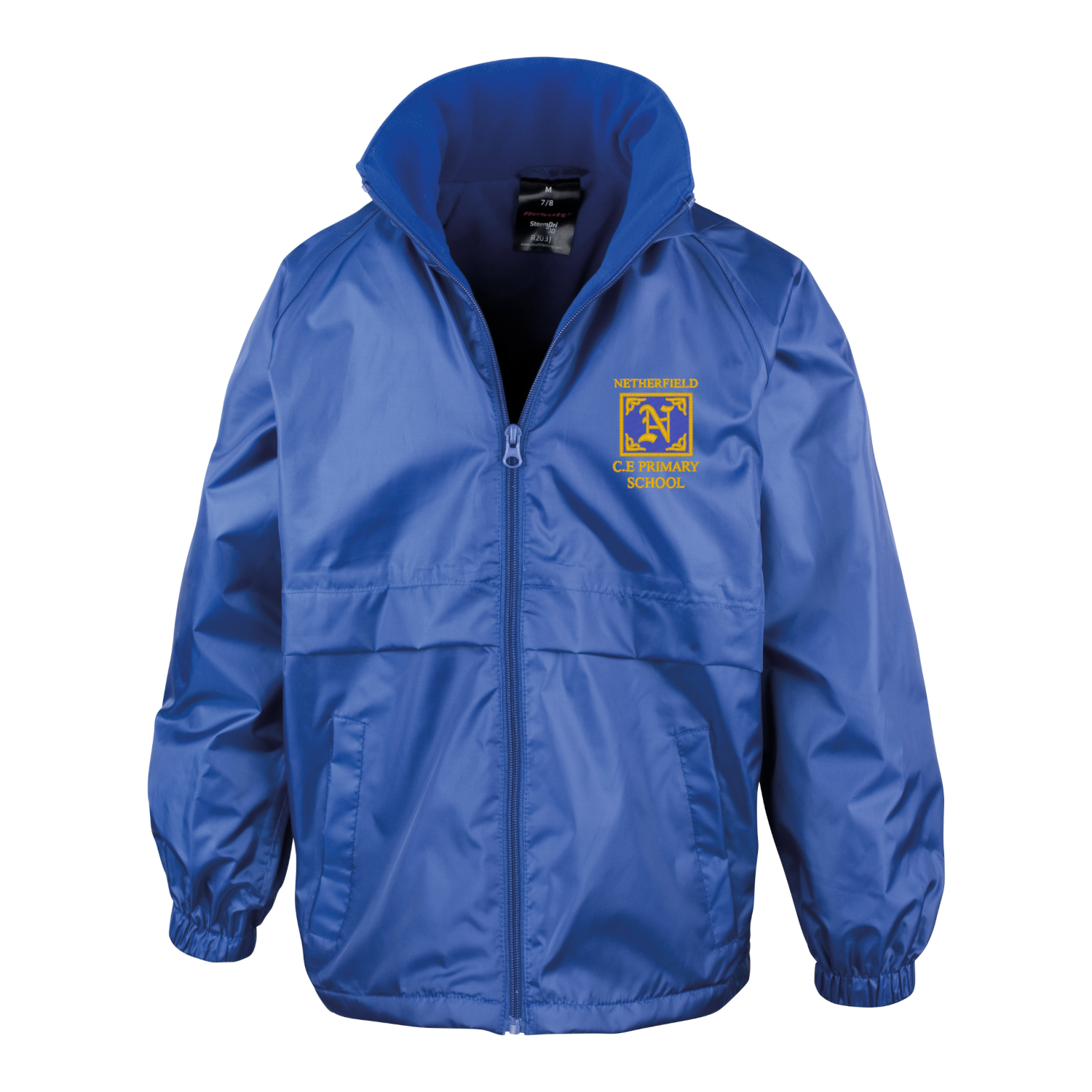 Frontal view of the Netherfield Primary School royal blue winter coat with the school's logo embroidered on the left breast.
