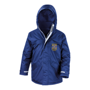 Frontal view of the Netherfield Primary School royal blue winter coat with the school's logo embroidered on the left breast.