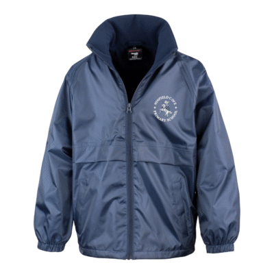 Frontal view of the Ninfield Primary School navy waterproof jacket with the school's logo embroidered on the left breast.