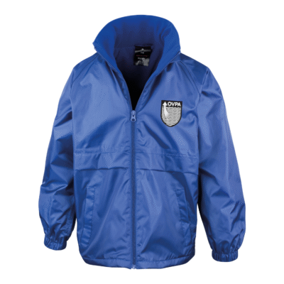 Frontal view of the OVPA royal blue winter coat with the school's logo embroidered on the left breast.