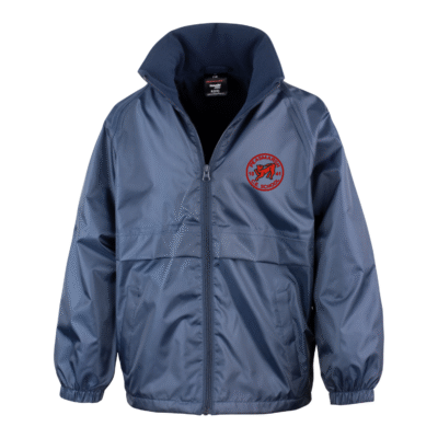 Frontal view of the Peasmarsh Primary School navy waterproof jacket with the school's logo embroidered on the left breast.