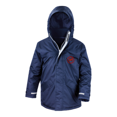 Frontal view of the Peasmarsh Primary School navy blue winter coat with the school's logo embroidered on the left breast.
