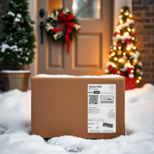 Personalised Santa Mail shipping label on a box.