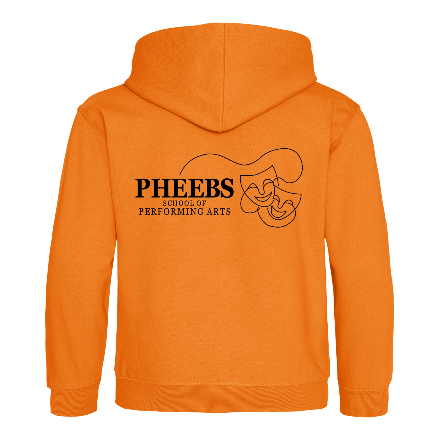 Rear view of the Pheebs School of Performing Arts orange baby hoodie.