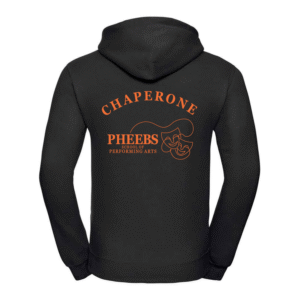 Rear view of the Pheebs School of Performing Arts black chaperone hoodie.