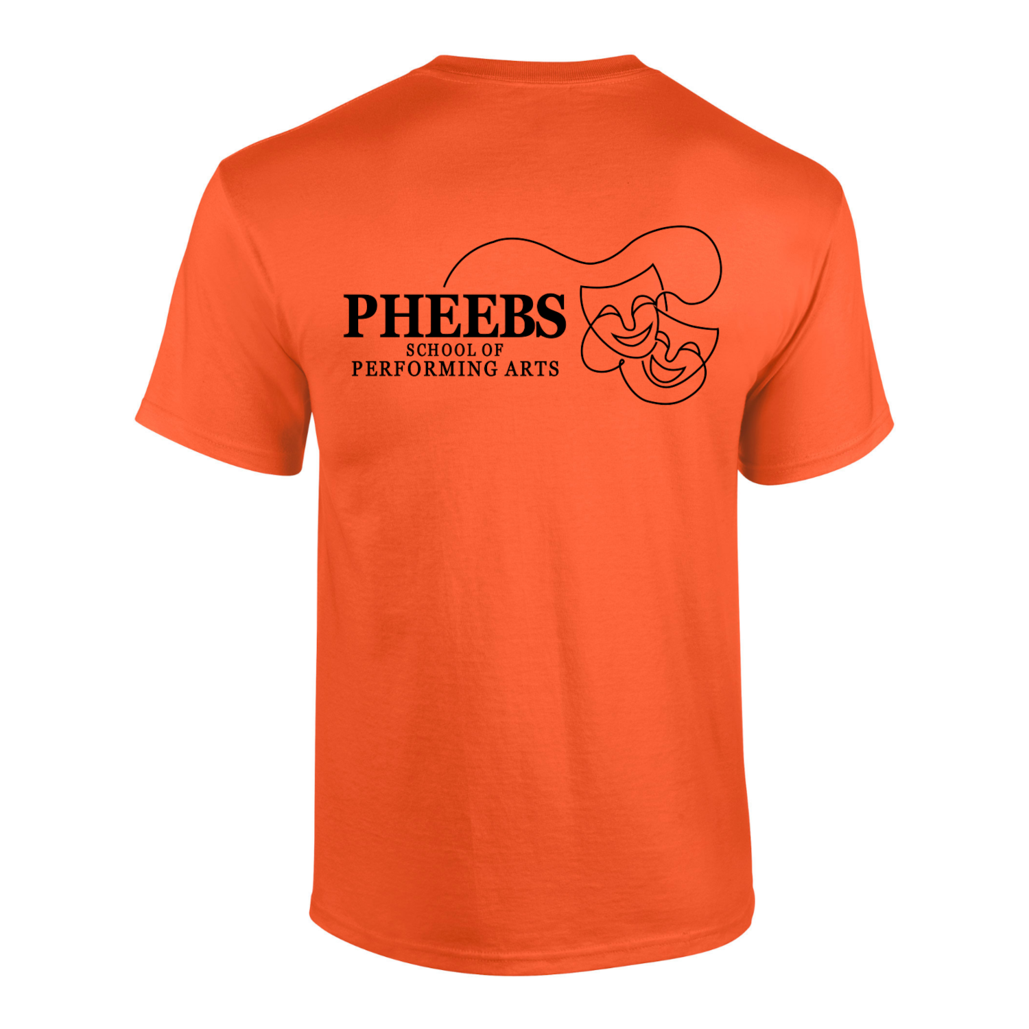 Rear view of the Pheebs School of Performing Arts orange t-shirt with the logo printed big accross the back.